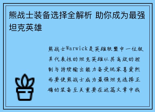 熊战士装备选择全解析 助你成为最强坦克英雄
